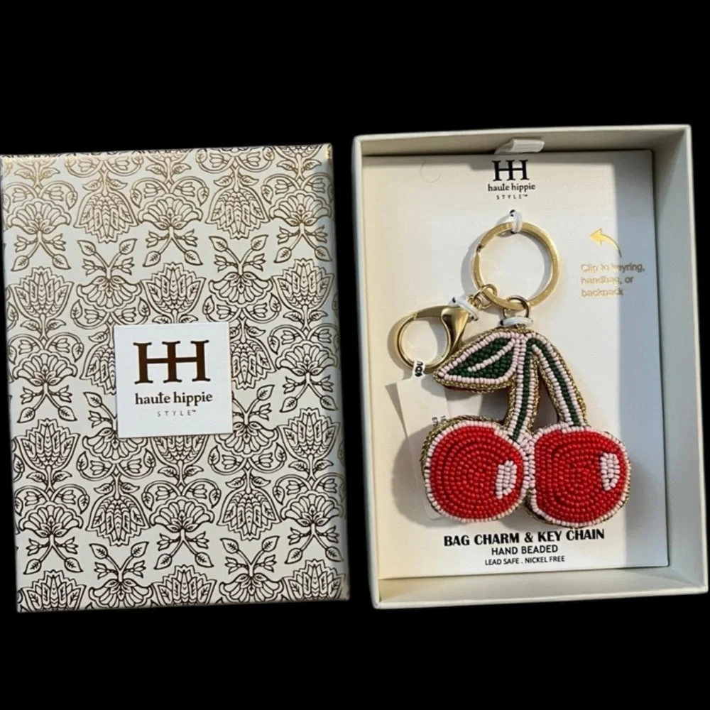 HAUTE HIPPIE STYLE Hand-Beaded Crafted Cherry Keychain Bag Purse Charm NEW NWT